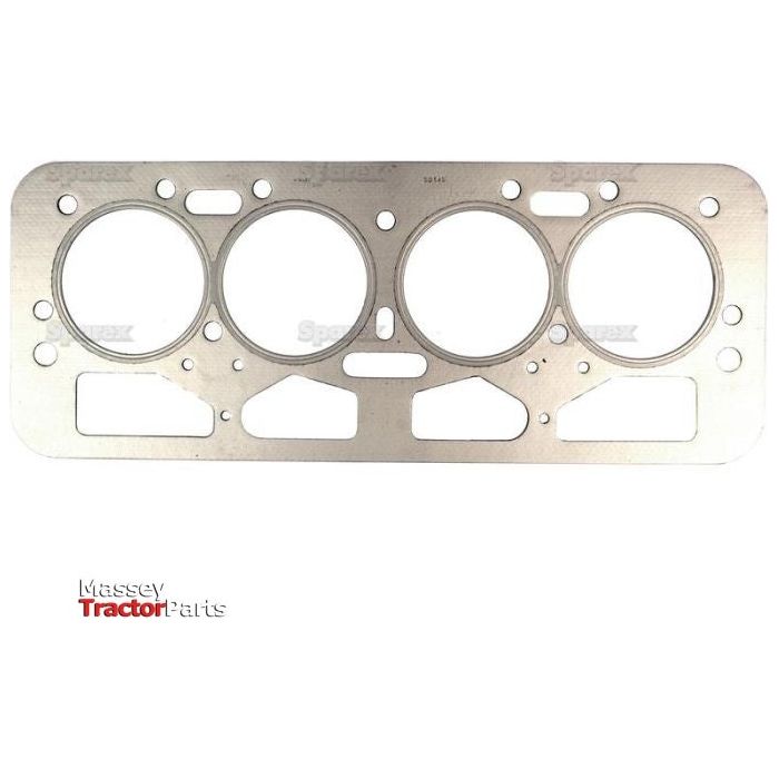 A Sparex-branded metal head gasket with four circular openings, featuring the text "Massey Tractor Parts" at the bottom left corner, ideal for various 4 Cyl. Leyland Engines (4/98DT, 38VD, 4/98NT, 4/98TT). Product No.: S.52605.