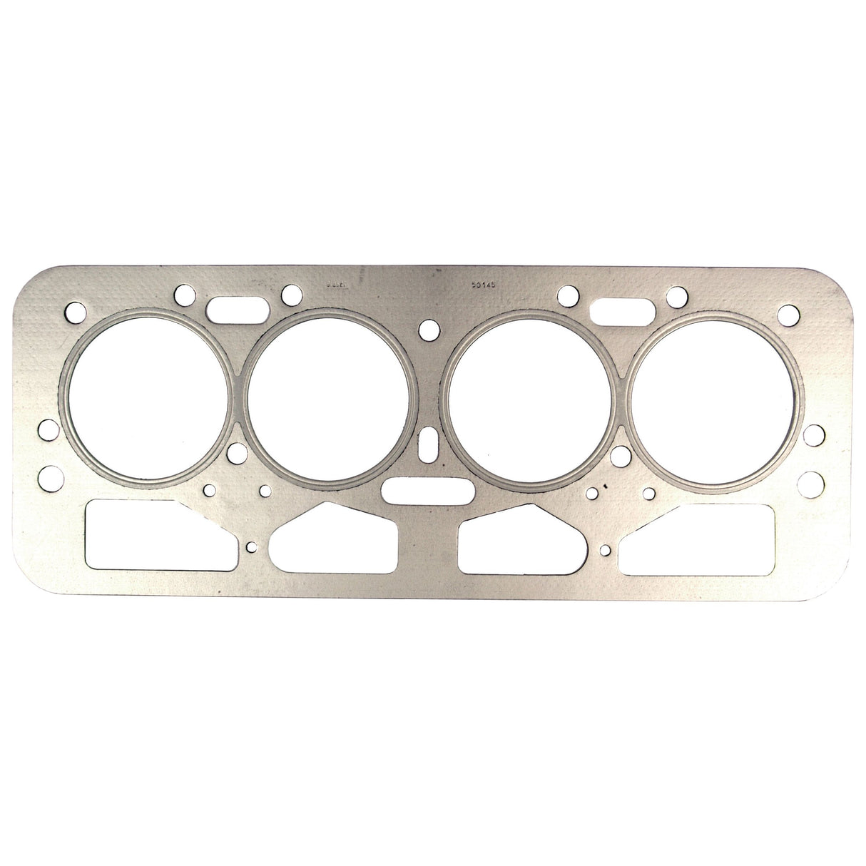 A Sparex Head Gasket - 4 Cyl. (4/98DT, 38VD, 4/98NT, 4/98TT), featuring four circular cutouts and multiple smaller holes, designed for sealing the cylinder head in a Leyland Engine's internal combustion system.
