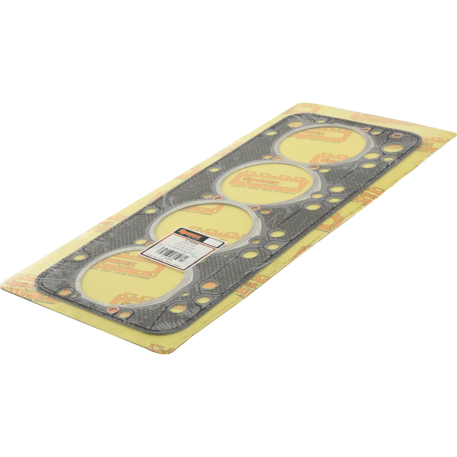 A rectangular head gasket with multiple circular openings, designed specifically for Ford New Holland, packaged on a yellow and orange branded cardboard backing. The Head Gasket - 4 Cyl. (8045.05, 8045.25) from Sparex ensures precise fit and optimal performance and is identified by Sparex Part No.S.143594.