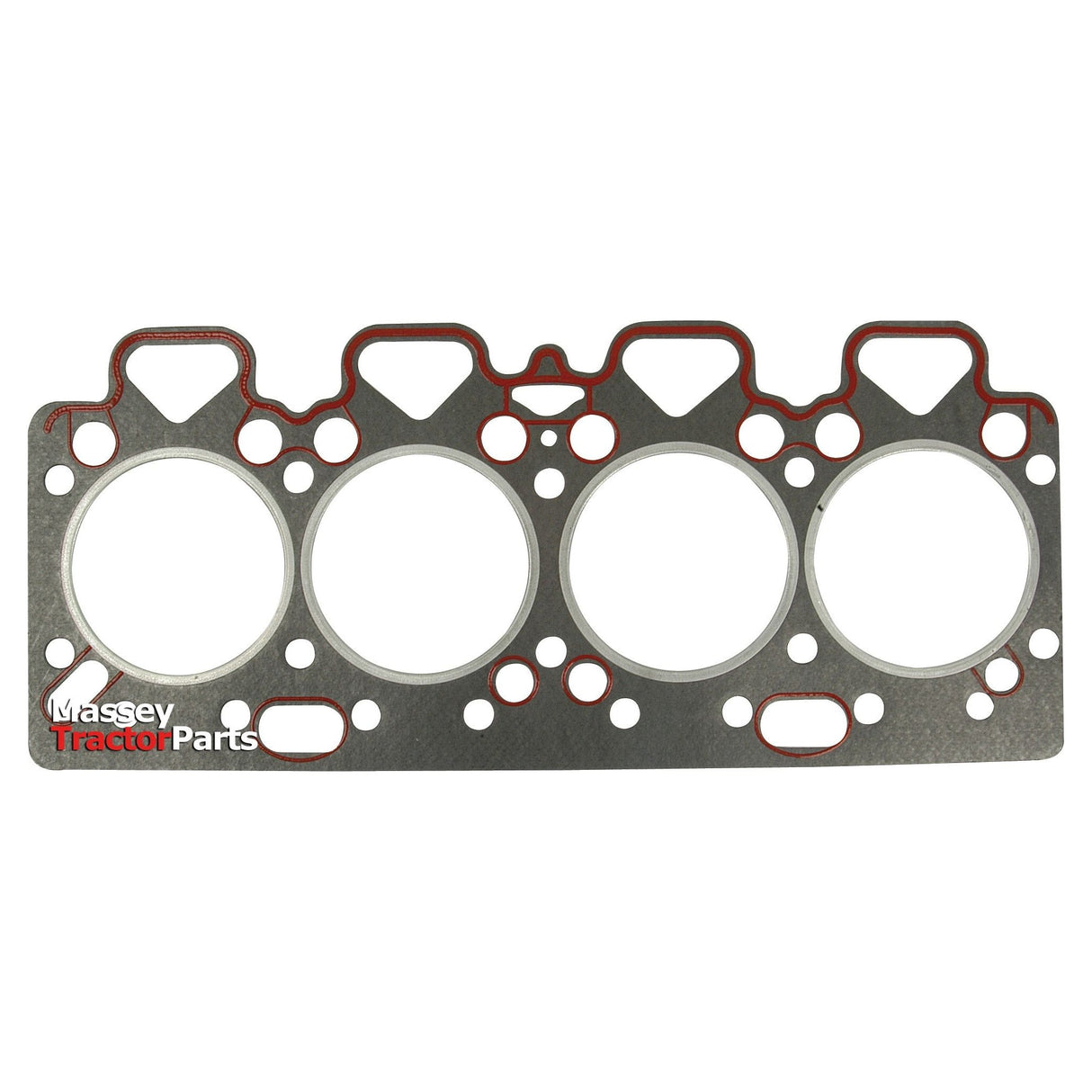 Photo of a metal engine gasket with four circular openings labeled "Sparex" on the lower left side, ideal for use with Perkins Engine Parts. Product: Head Gasket - 4 Cyl. (A4.236, A4.212, A4.248) | Sparex Part No.S.41951.