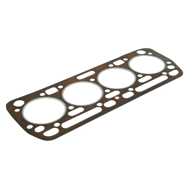 A rectangular metal engine gasket with four circular openings is shown, specifically designed as a Sparex Head Gasket for 4-cylinder engines (BC144, BD144, BD154), Part No. S.57681. It also features multiple smaller holes and notches on its surface.