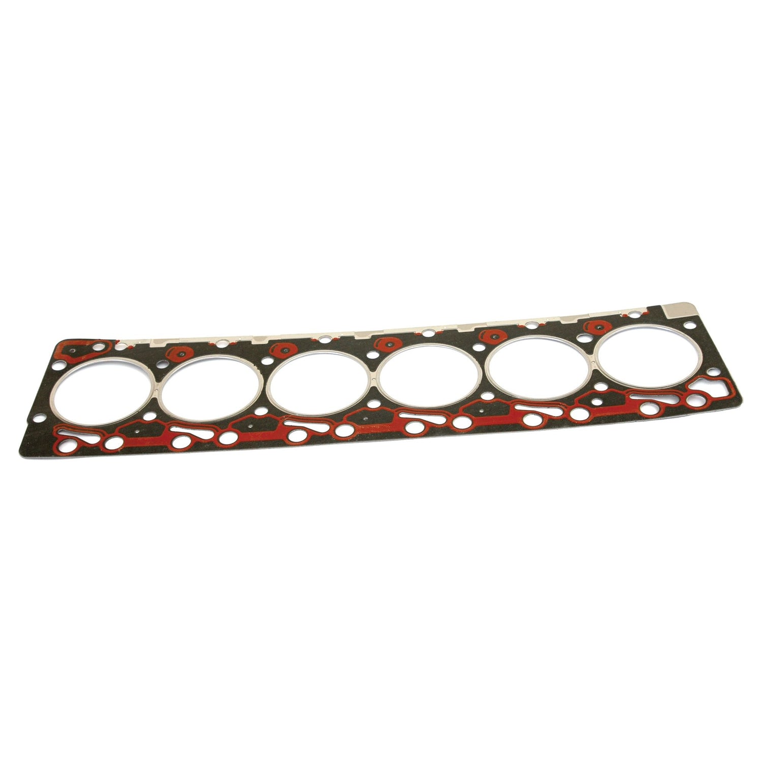 The Sparex Head Gasket - 6 Cyl. (4BT, 4BL4), Part No. S.59509 is a multi-layer steel gasket with six circular openings, specifically designed to seal the combustion chambers in a Cummins Engine Model.