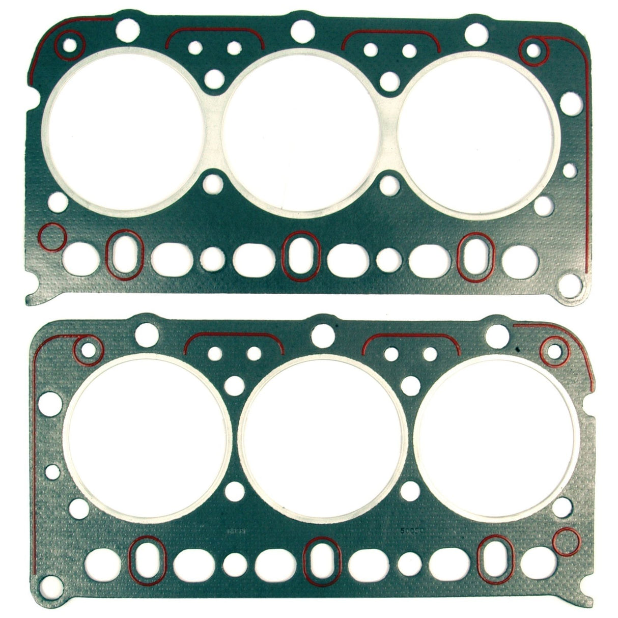 The image features two multilayer steel (MLS) head gaskets, specifically the Sparex Head Gasket - 6 Cyl. (AD6/55, AD6/55T, 330.001, 330.002, 330.101, 330.102) with Sparex Part No.S.57555, each with four circular combustion chamber holes and multiple smaller holes for coolant and oil passage typically used in David Brown engine tractor parts.