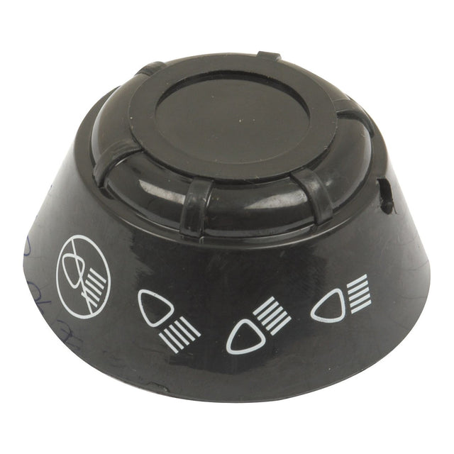 The Head Light Switch Knob, Sparex Part No.S.41334 by Sparex, is a black rotary dial with white symbols that likely resemble the knob switch on Massey Ferguson or Case IH / International Harvester devices, representing different settings or modes.