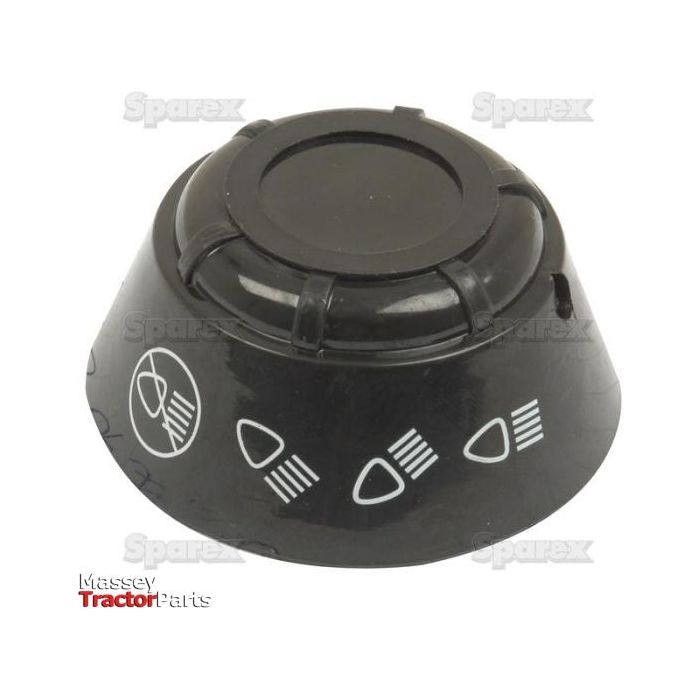 The Head Light Switch Knob (Sparex Part No. S.41334) is a black plastic control knob with white symbols and markings, ideal for adjusting settings on machinery. The background features a watermark with the text "Sparex," while "Massey Tractor Parts" and "Massey Ferguson" are prominently displayed in the foreground.