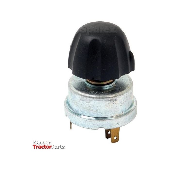 A head light switch with a black cover and a metal base, featuring an electrical connection point at the bottom. Branded "Sparex" on the top and "Massey Tractor Parts" on the bottom, this versatile switch is ideal for lighting applications. This product is known as Sparex Part No.S.48032 Head Light Switch from Sparex.