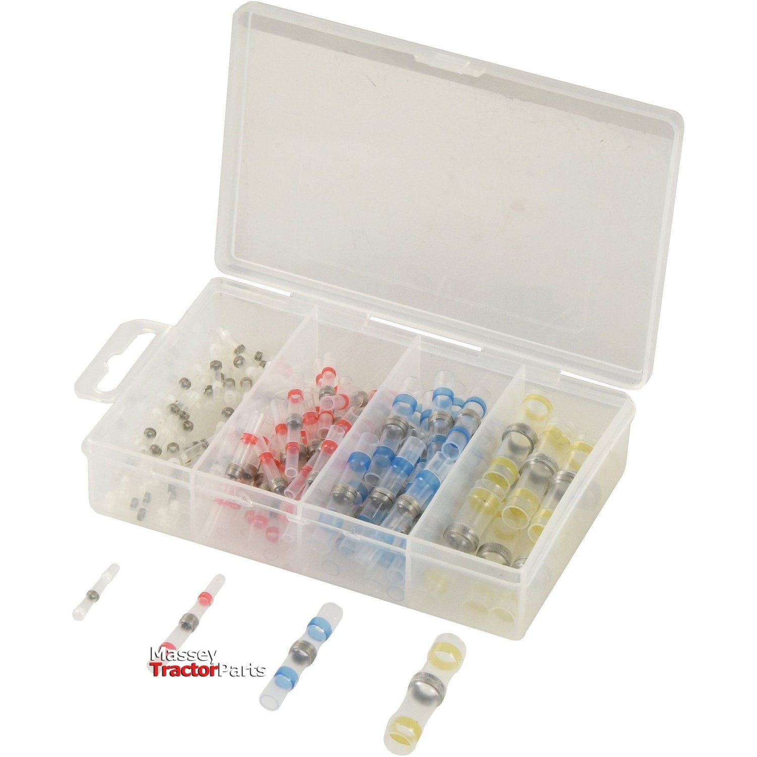 The lid is open, revealing the neatly organized contents of the Sparex Heat Shrink, Double Tin Sleeve Terminal Kit, 90 pcs. - S.153131. The plastic storage box with compartments contains an assortment of crimp connectors, heat shrink terminals, and wire splices in various colors and sizes.