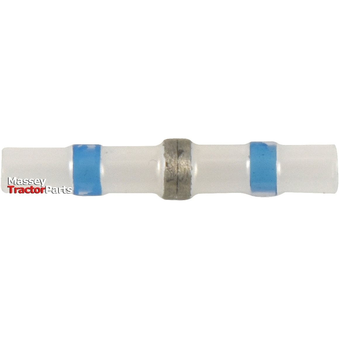 Close-up image of a transparent wire connector with blue bands and a metal section in the middle, labeled "Sparex." The connector is part of the Heat Shrink, Double Tin Sleeve Terminal Kit, featuring built-in Double Tin Solder Sleeves. This 90-piece kit, model S.153131, is ideal for wire splices and ensures a secure connection.