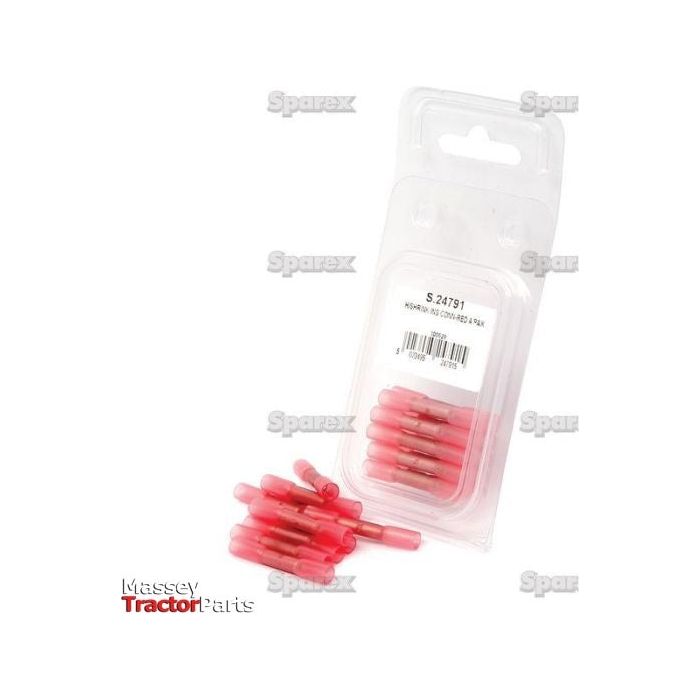 A retail package containing red heat shrink insulated connectors, labeled as "S.24791," is displayed. Multiple connectors with the red insulation are also shown outside the package. The image is branded with "Massey Tractor Parts" and "Sparex Agripak.