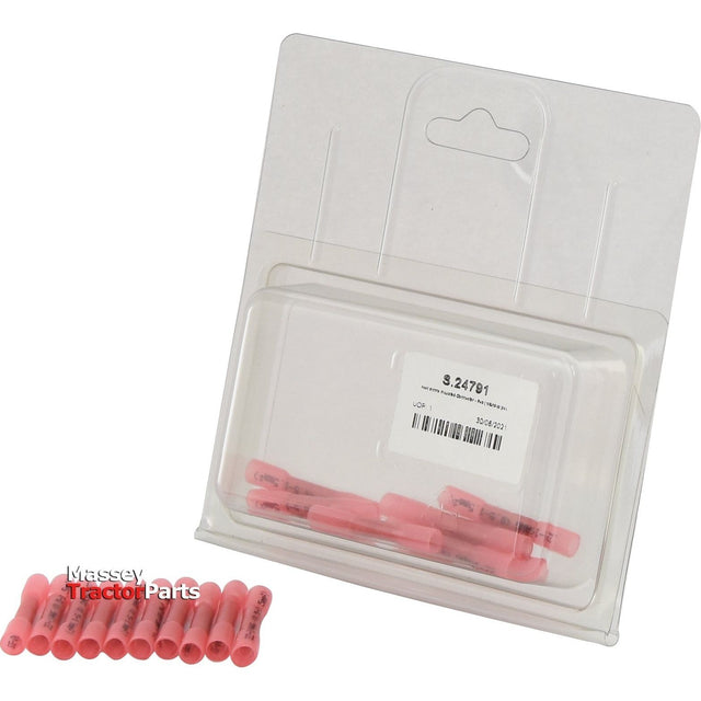 A package containing multiple Heat Shrink Insulated Connectors - Red (10 pcs. - Agripak) from Sparex, with additional red insulation connectors laid out in front.