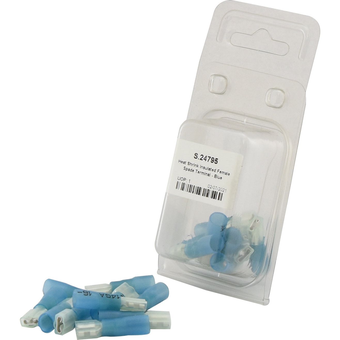 A Sparex Agripak containing ten blue Heat Shrink Insulated Female Spade Terminals (Sparex Part No. S.24795) is placed beside several loose terminals.