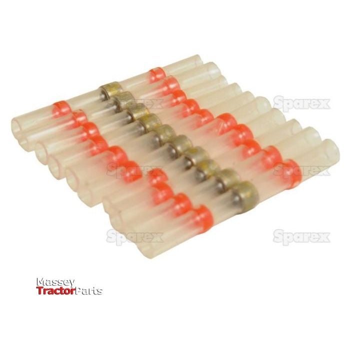 A set of Sparex Heat Shrink Insulated Solder Connectors in red (10 pcs., Agripak, Sparex Part No.S.28219) arranged in rows with both red and clear sections are laid out on a white background.