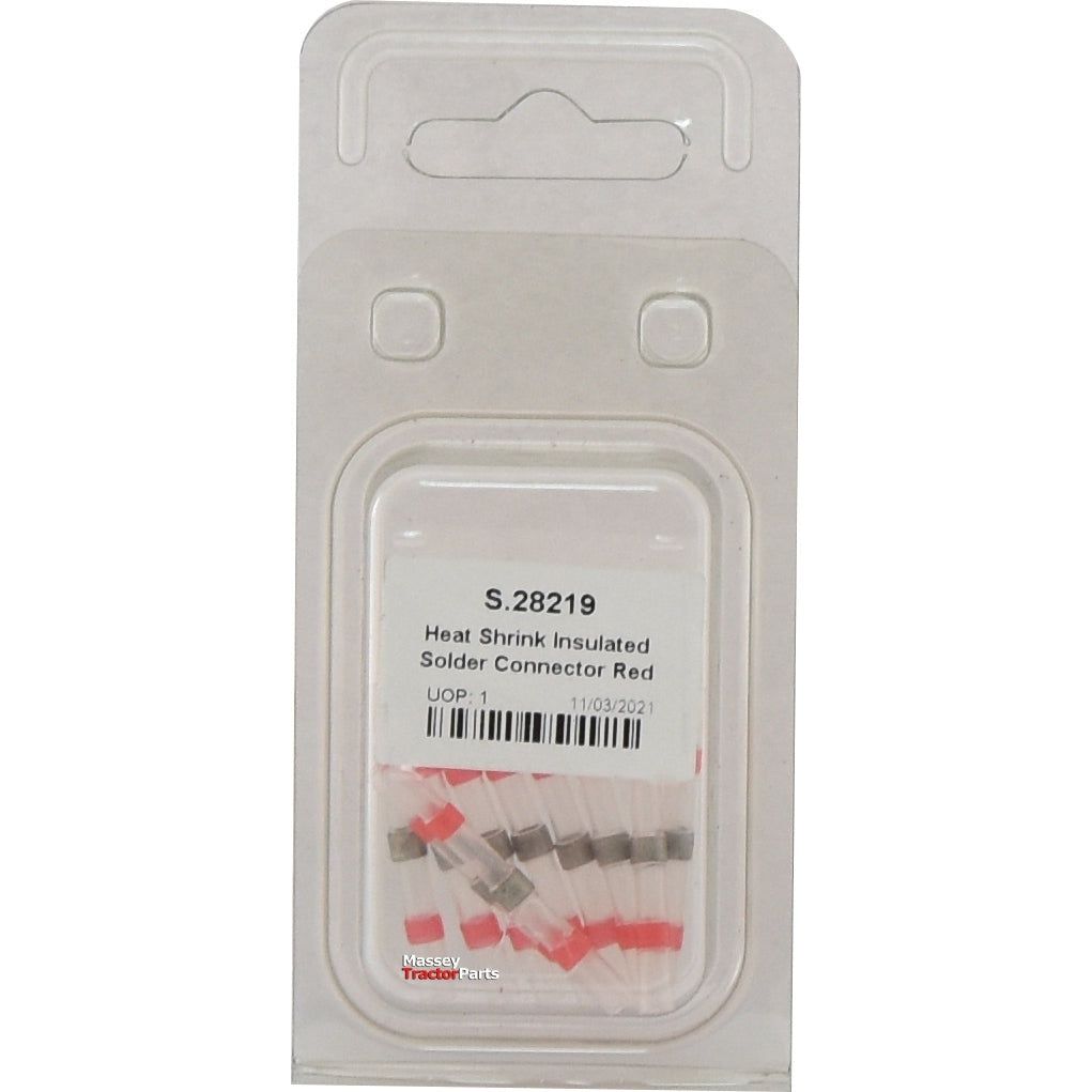 A package labeled "Heat Shrink Insulated Solder Connector Red (10 pcs. Agripak)," part number "S.28219," contains ten red connectors, sealed in clear plastic, and proudly branded with Sparex for assured quality.