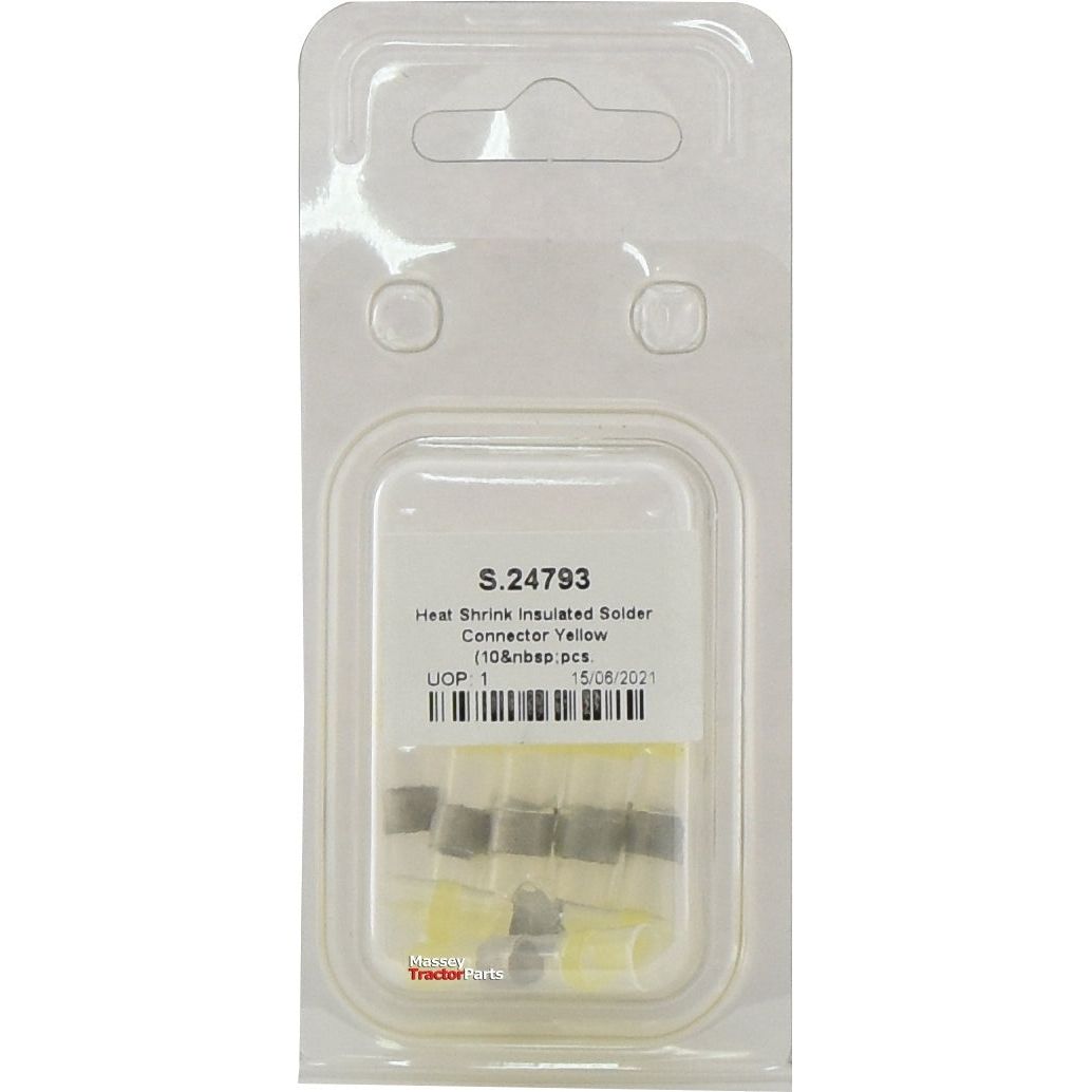 A blister pack labeled "Sparex Part No. S.24793" from Sparex contains 10 yellow heat shrink insulated solder connectors suitable for up to maximum wire thickness, with a manufacturing date of 15/06/2021.