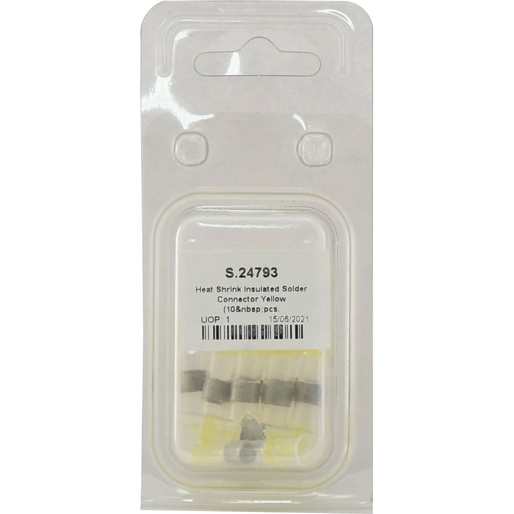 Package of Sparex Heat Shrink Insulated Solder Connectors in yellow color, 10 pieces per package, product number S.24793.