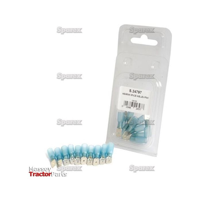 A Sparex plastic package containing several blue electrical connectors with Blue Insulation is shown. Eleven additional loose blue connectors, labeled with product code S.24797, are displayed in front of the Agripak packaging.
