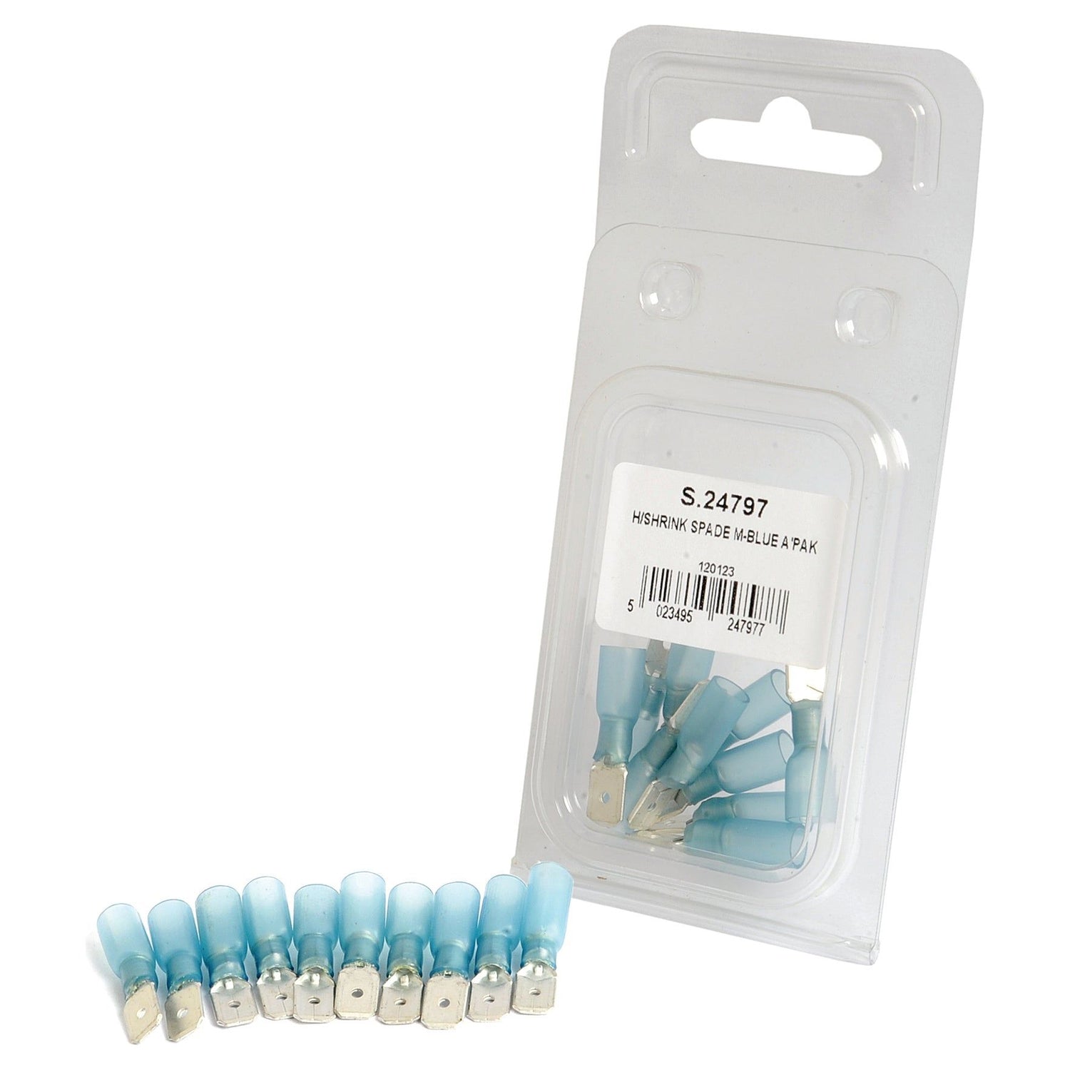 A clear plastic pack labeled with "Heat Shrink Male Spade Terminal - Blue (10 pcs. - Agripak)," Sparex Part No.S.24797 from the brand Sparex, contains several blue and silver spade connectors, with a line of loose connectors placed in front of the pack.