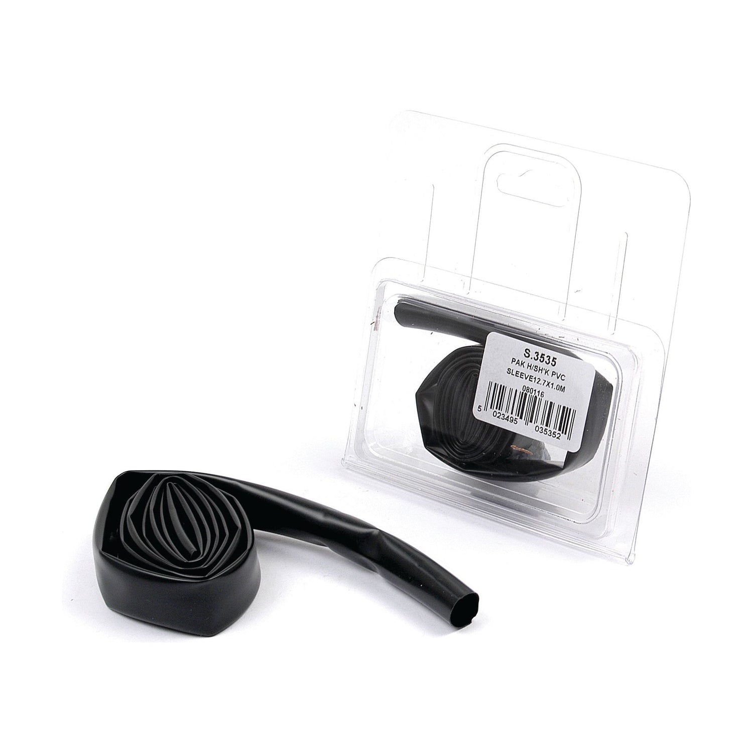 A single piece of Sparex heat shrink sleeving (Ø12.7-6.4mm x 1M, Sparex Part No.S.3535) in black plastic is coiled and packaged in a clear plastic case with a white Agripak label.