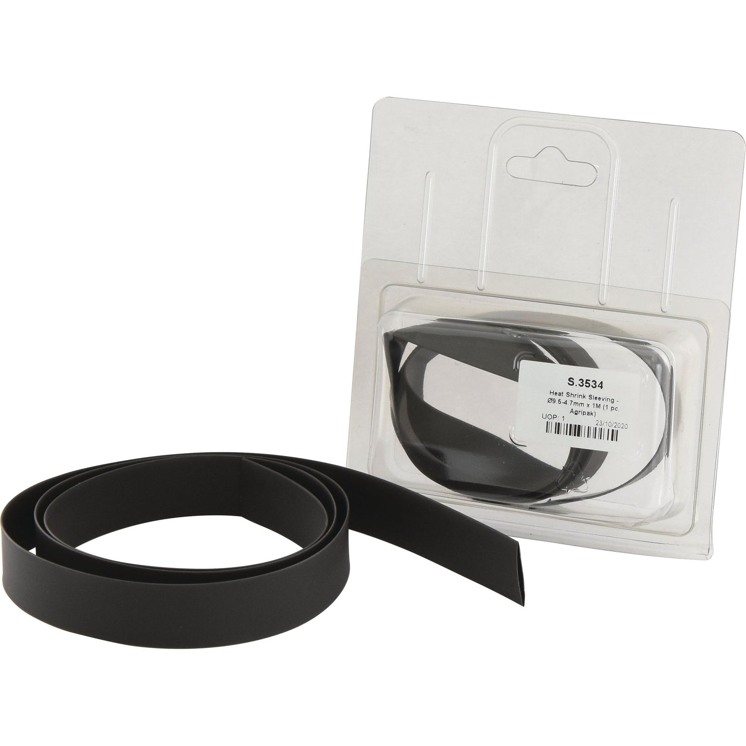 The Sparex Heat Shrink Sleeving - Ø9.5-4.7mm x 1M (Part No. S.3534) is shown partially coiled outside its transparent plastic packaging, which includes a label with product information, barcode, and notes that it's ideal for heat shrink sleeving applications. The coiled black rubber strip features an adhesive backing for easy application.