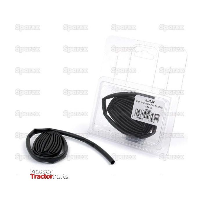 Image showing black Heat Shrink Sleeving coiled and packaged on a white background. The packaging is labeled "S.3532" with various details and logos including Massey Tractor Parts and Sparex, emphasizing it as durable Ø4.8-2.4mm x 1M heat shrink sleeving from the brand Sparex.