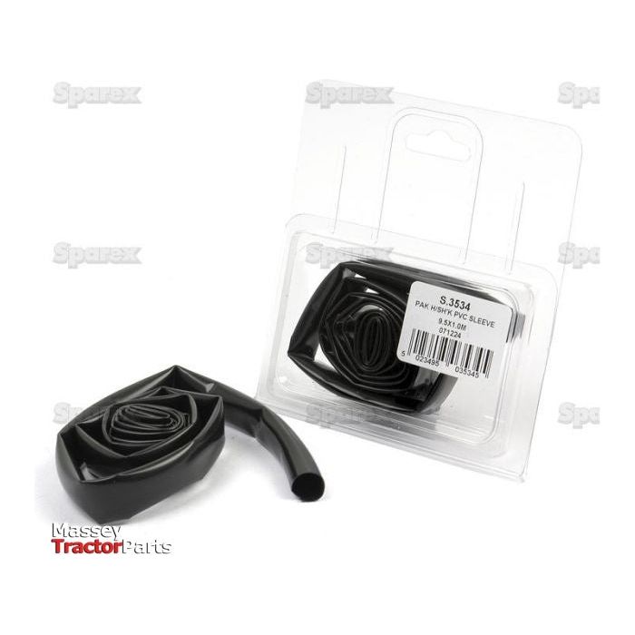 A pack of black heat shrink sleeving with dimensions Ø9.5-4.7mm, housed in a plastic case and labeled as Massey Tractor Parts by Sparex, sports the product code S.3534. One piece is shown partially unrolled next to the case, making it ideal for various applications where a secure fit is required.