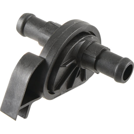 A black plastic Heater Control Valve with hose attachment ends on either side and a mounting clip, fitting the Connection Product Specifications for Sparex or John Deere. This is Sparex Part No. S.152530.