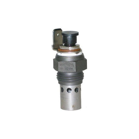 Close-up of the AGCO Massey Ferguson Heater Plug 3583543M2, featuring a cylindrical metal body with a hexagonal nut, a round black button on top, and multiple perforations near the base, reminiscent of heater plugs typically found in Massey Ferguson machinery.