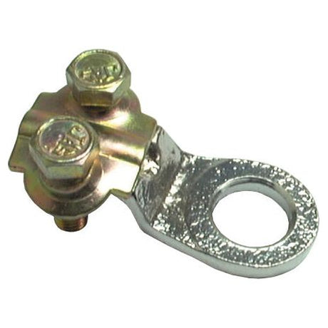 The Sparex Heavy Duty Cable Terminal 35mm² x 14mm (Sparex Part No. S.5588) features a robust metal construction, equipped with two bolts, an eyelet, and a cable lug designed for compatibility with 35mm wires, ensuring reliable electrical connections.