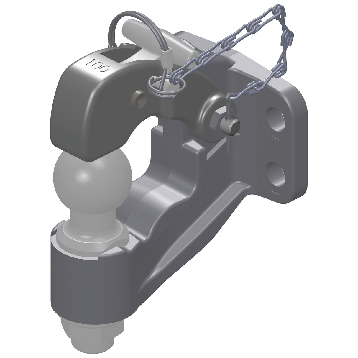 A 3D rendering of the Sparex Heavy Duty Dual Hitch 17mm Hole - S.29389 in gray, complete with chain and locking mechanism, ideal for those seeking detailed manufacture information.