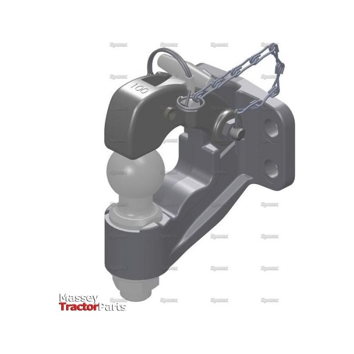 The Sparex Heavy Duty Dual Hitch 17mm Hole - S.29389 is a robust trailer hitch rated for 110 units, featuring a ball and pin mechanism with an attached safety chain, suitable for use with tractors. For detailed product specifications and manufacturing information, please refer to the user manual.