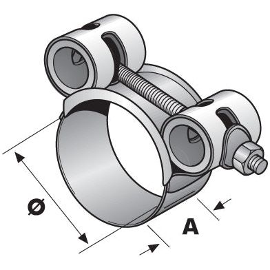 Diagram of the Sparex Heavy Duty Hose Clip (Ø20-22mm, Part No. S.14912) with labeled dimensions. The image shows a galvanised steel clamp with a screw mechanism for tightening, indicated by arrows labeled as "A" for width and "Ø" for diameter.