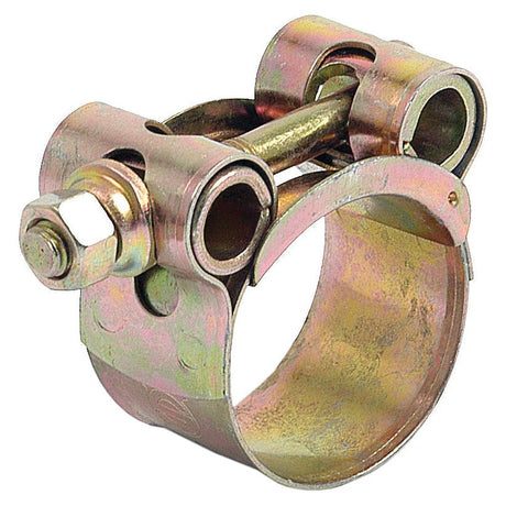A Sparex Heavy Duty Hose Clip (Ø26-28mm) with a single bolt and nut mechanism for tightening, made of galvanized steel with a gold-colored finish. Available as Sparex Part No.S.14914.