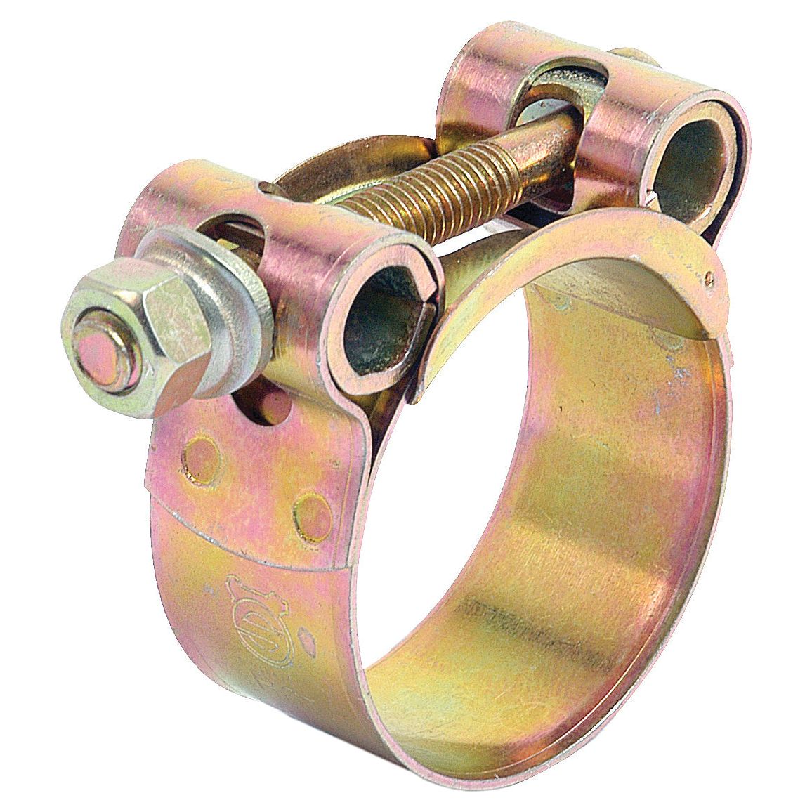 The Sparex Heavy Duty Hose Clip: Ø36-39mm (Part No. S.11383) is equipped with a single bolt and nut tightening mechanism and is constructed from galvanized steel for enhanced durability.