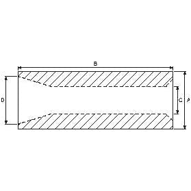A technical diagram of a horizontal cylindrical component with tapered ends, labeled dimensions B, D, A, and C for reference; ideal for applications involving the Sparex Heavy Duty Loader Tine Bush - Ø50 x 110mm (Conus 1), Sparex Part No. S.1840 compatible with model 221095M.
