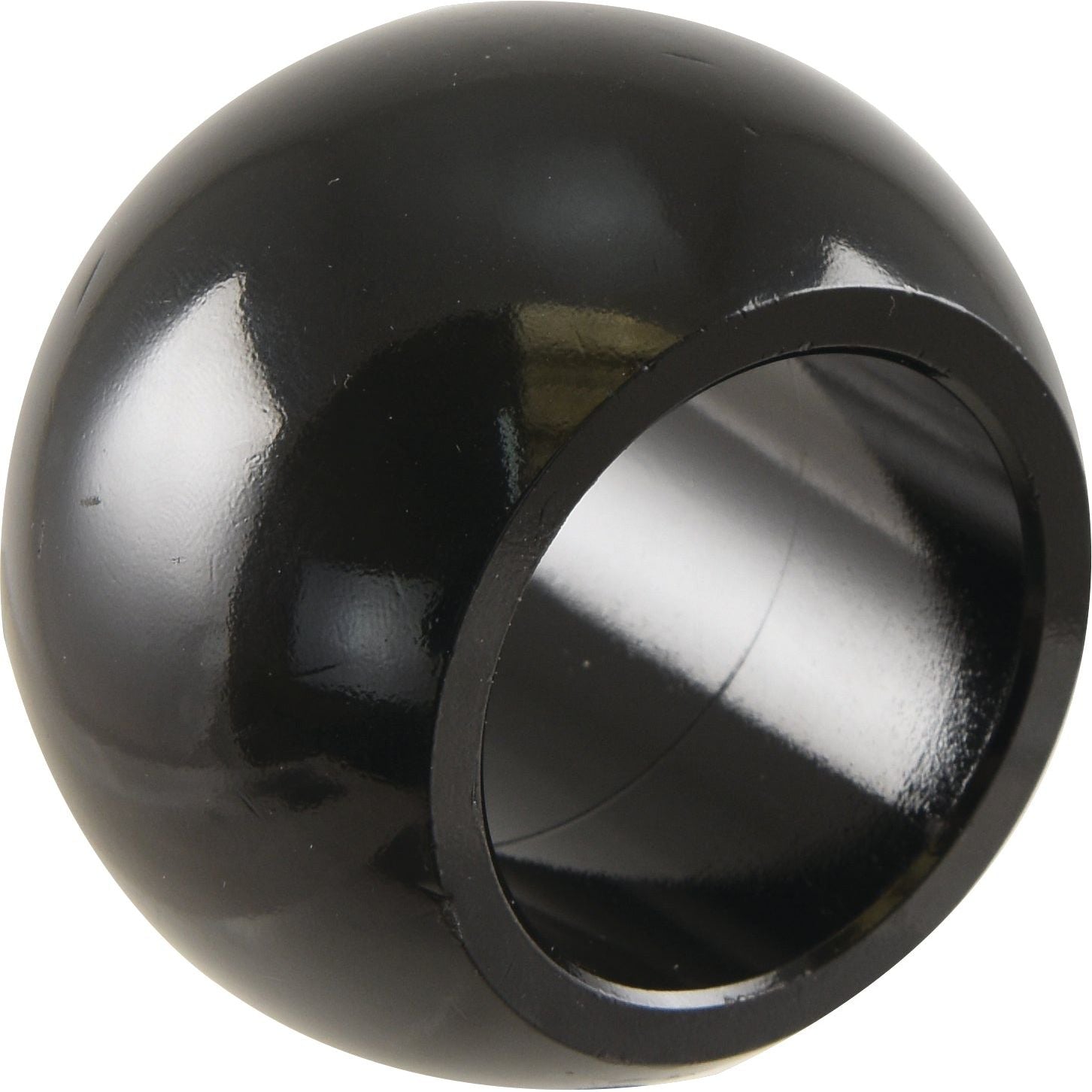 The Heavy Duty Lower Link Ball (Cat. 4/4) - S.148202 by Sparex is displayed against a white background, showcasing its shiny black hollow spherical form with an open side, complete with EPD plating for corrosion protection.