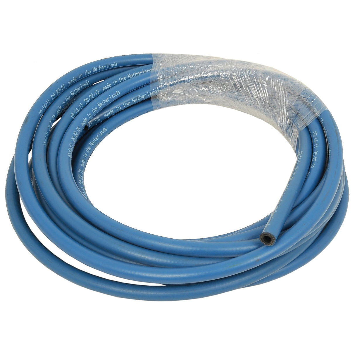 The Parker Heavy Duty Pressure Washer Hose Blue 1/4'' from Sparex, Part No. S.56135, is coiled and wrapped with plastic, featuring a 200 bar pressure rating and text imprinted along its length.