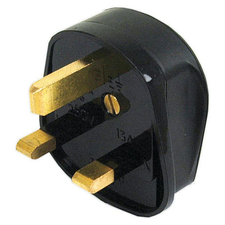 A close-up of the Heavy Duty Rubberised Plug by Sparex, Sparex Part No.S.20760, showcasing its black, robust rubberised design and gold-colored prongs, rated at 13 Amps for use with UK electrical appliances.