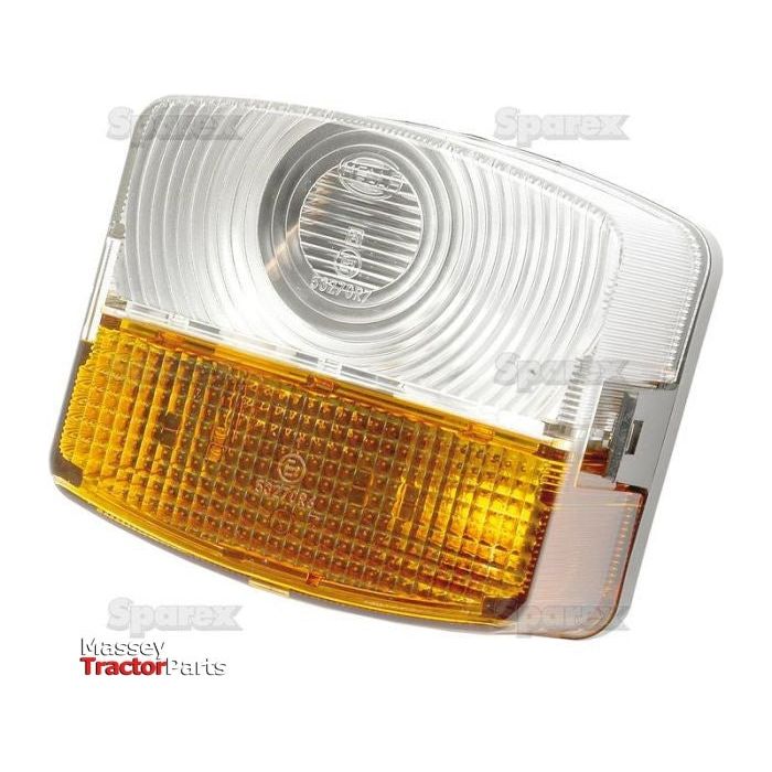 Close-up of a Sparex Front Combination Light (Halogen), featuring clear and amber polycarbonate sections. The item, marked with the product code S.56130, operates on 12/24V and is designated as LH, Straight.
