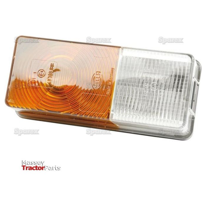 A Sparex Front Combination Light (Halogen), 12V, RH & LH, Straight - S.56128 rectangular vehicle light with amber/clear lenses and halogen light sections placed against a white background.