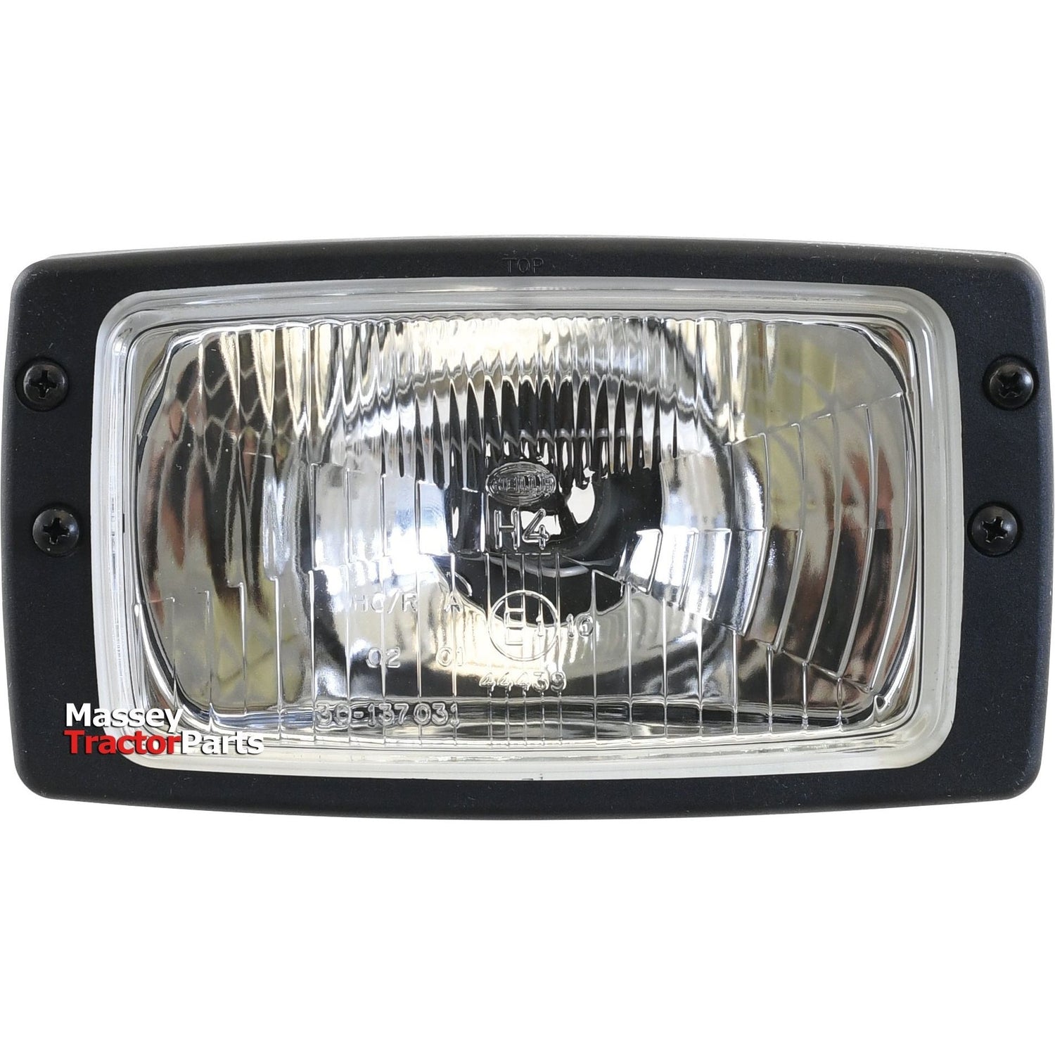 Close-up image of the Sparex Head Light, (Halogen), RH & LH, RH Dip, 12V - S.75958 with a clear lens, mounted in a black frame, showing the halogen light bulb and reflector inside. The "Massey Tractor Parts" logo is visible in the bottom corner.