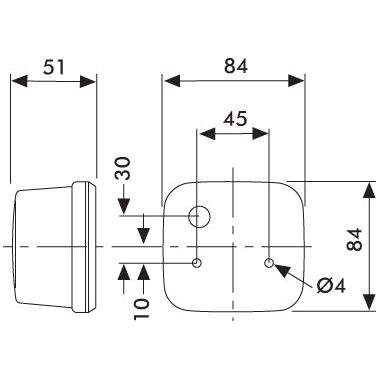 Technical drawing of the Marker Light - Front Facing (Halogen), RH & LH, 12/24V - S.56034 displaying side and top views with dimensions labeled, including measurements such as 51 mm, 84 mm, 45 mm, 30 mm, 10 mm, and a 4 mm diameter for a circular section.