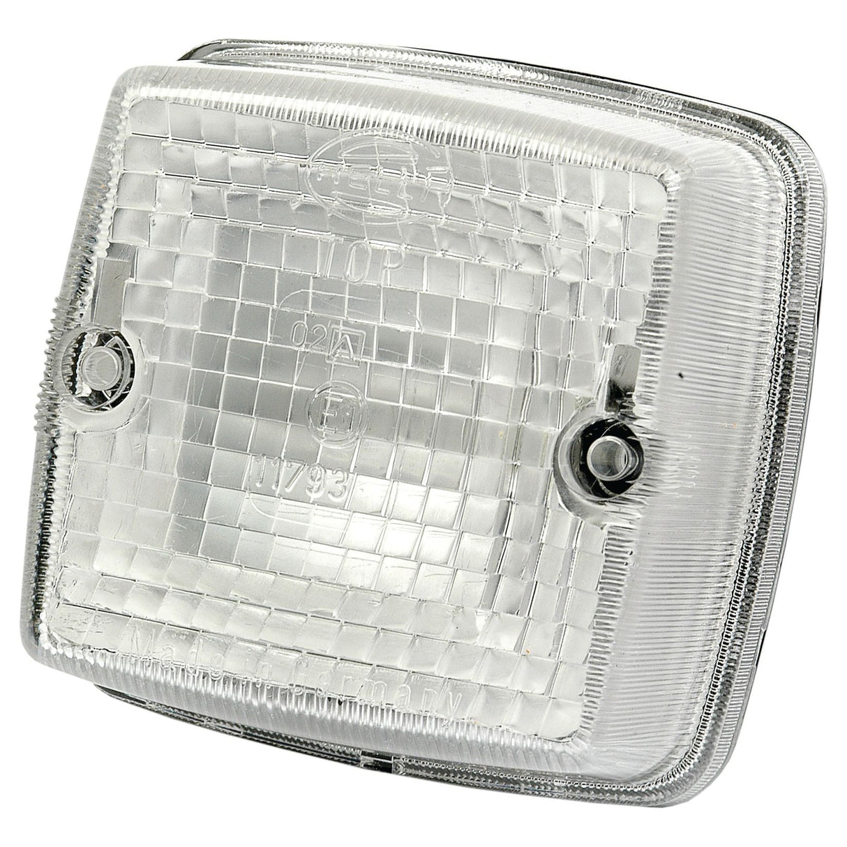 The Sparex Marker Light - Front Facing (Halogen), RH & LH, 12/24V - S.56034 features a square, transparent plastic light cover with a textured pattern, two screws, and embossed numbers and letters. This clear lens is ideal for halogen lights.