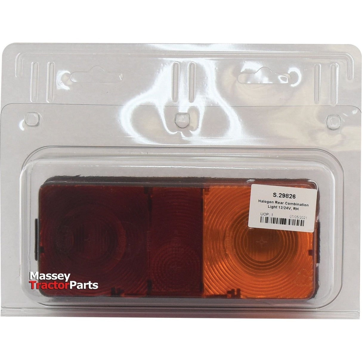 Packaged Sparex Rear Combination Light (Halogen), featuring red and amber lenses in a rectangular shape with a label that reads "S.29826," this right-hand light serves three functions: brake, tail, and indicator, operating at 12V.