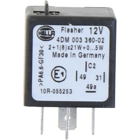 A 12V Sparex relay with part number S.43933, displaying specifications and "Made in Germany" text. It has metal prongs at the bottom for connection, ideal for Massey Ferguson vehicles.