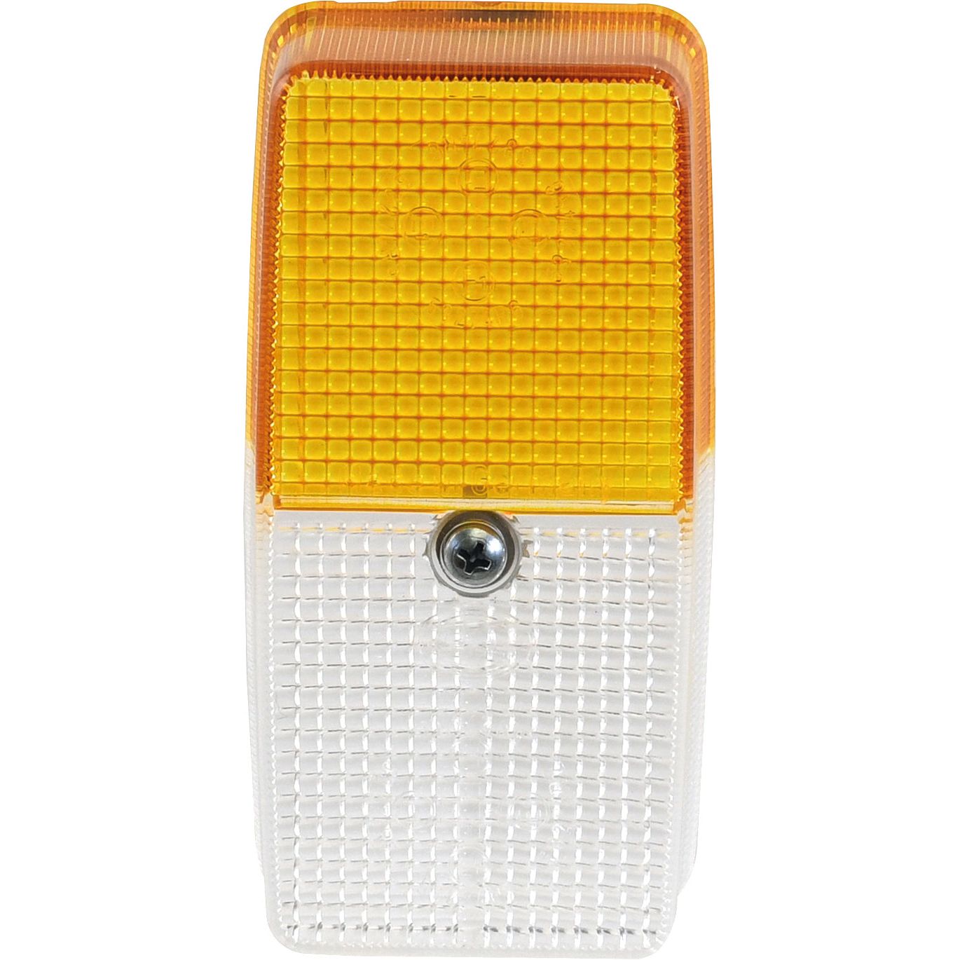 Close-up of the Sparex Replacement Lens (Sparex Part No. S.31927) designed for S.31905, showcasing a rectangular polycarbonate front light lens with an amber upper section and clear lower section, separated by a single central screw.