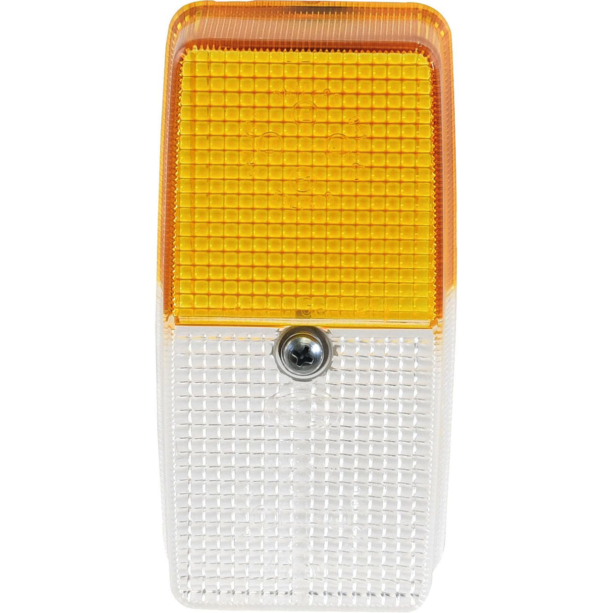 Close-up of the Sparex Replacement Lens, designed to fit S.31905, showcasing a rectangular front light lens with an amber upper section and a clear lower section, featuring a single screw in the center. This polycarbonate replacement lens ensures durability and clarity.