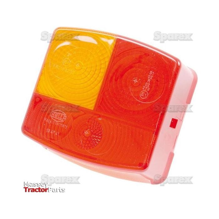 Square tractor tail light equipped with amber and red lenses, branded "Massey Tractor Parts" and "Sparex." The rear left light features a Hella E approved replacement lens, compatible with Sparex Part No. S.56155 (Fits: S.56081).