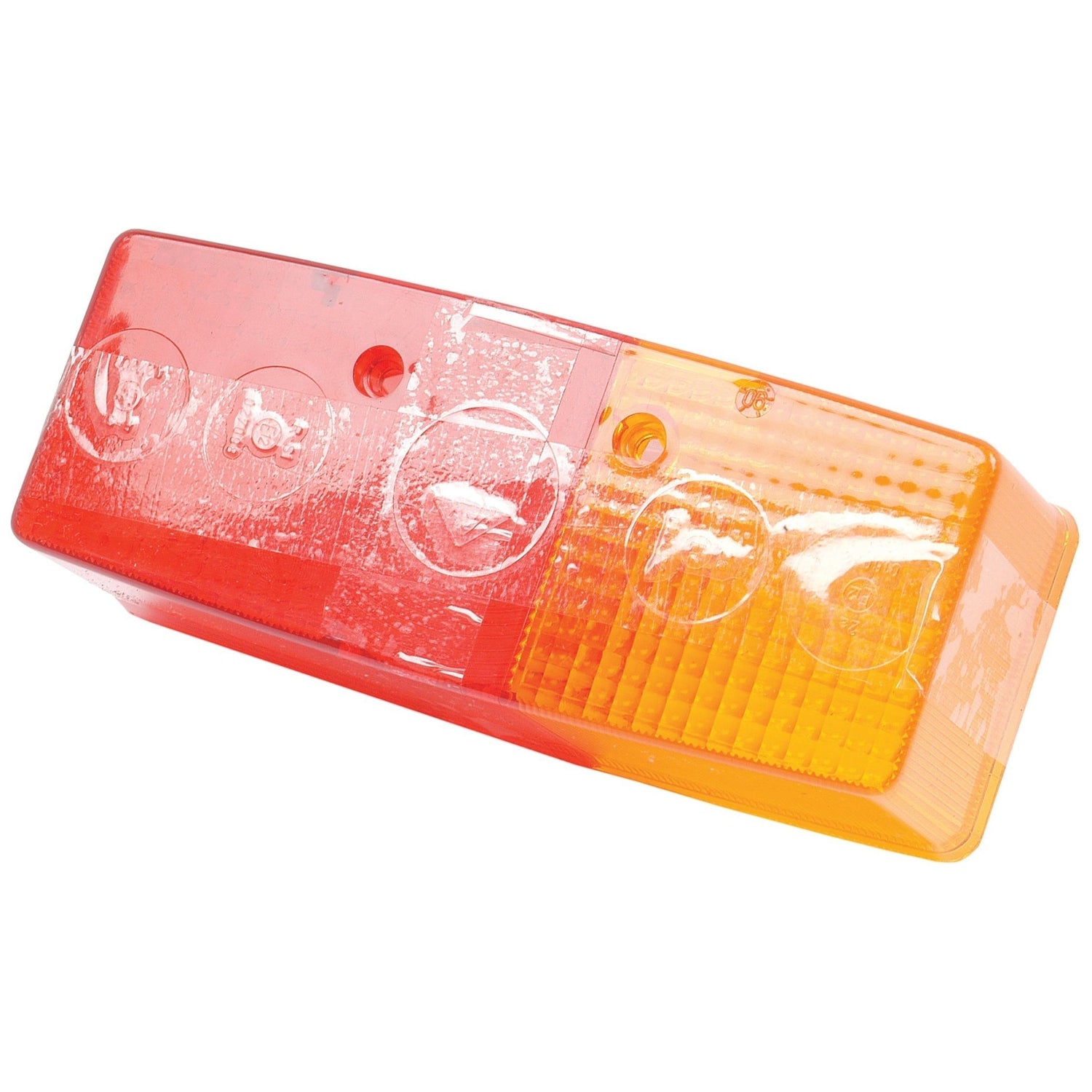 Close-up of the Sparex Replacement Lens, Part No. S.56196, designed to fit S.56105 vehicles. This red and amber plastic lens is a replacement for the rear left tail light, featuring a rectangular shape with screw holes for mounting.