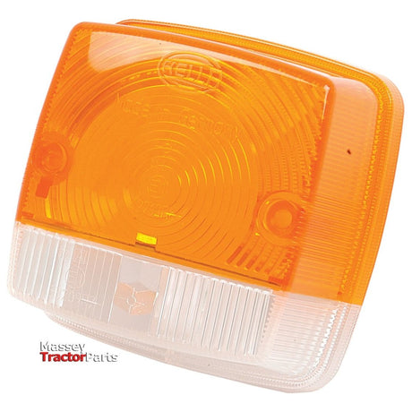 Square orange and clear front light designed for tractors, featuring circular patterns and two screw holes. The "Massey Tractor Parts" logo is visible in the bottom left corner. This lens is perfect as a replacement for your vehicle and is compatible with Hella standards. Product Name: Replacement Lens, Fits: S.56133 | Sparex Part No.S.56190 by Sparex brand.