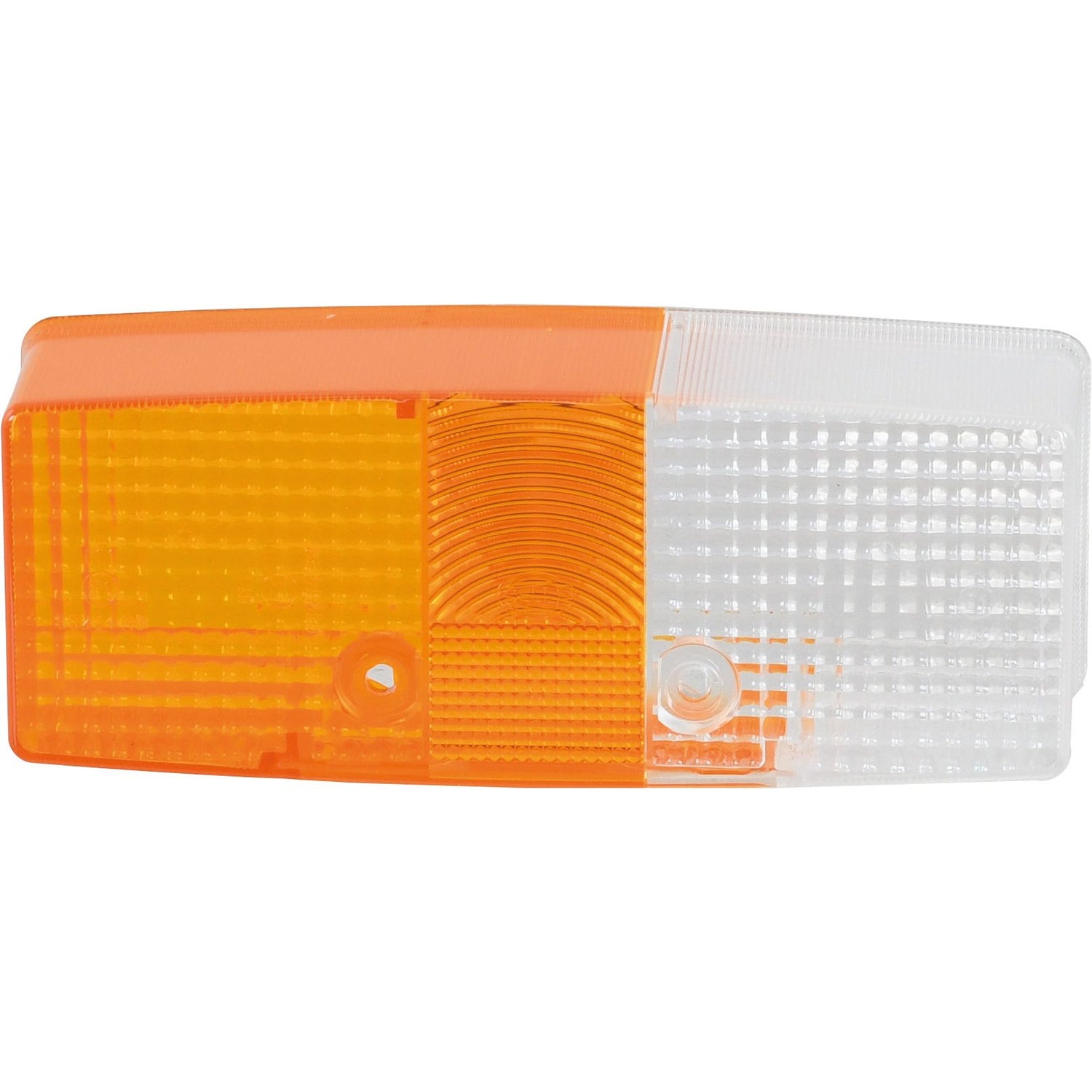 Close-up of the Sparex Replacement Lens, with product number S.56199, designed for S.56138 vehicles. The lens showcases its durable polycarbonate construction with orange and clear sections, featuring a textured surface and a central circular design element.